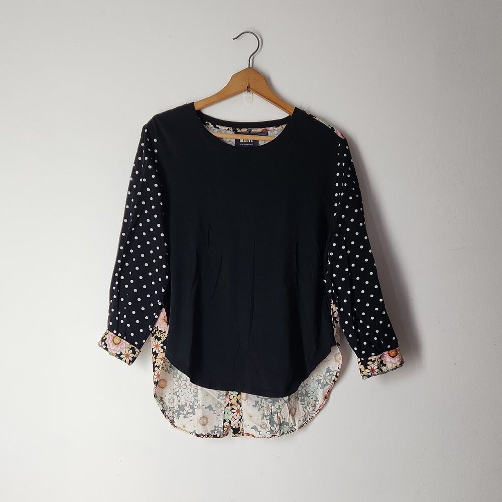 Anthropologie Maeve Split-Back Top Blouse Black Polka Dot Floral sz XS oversized